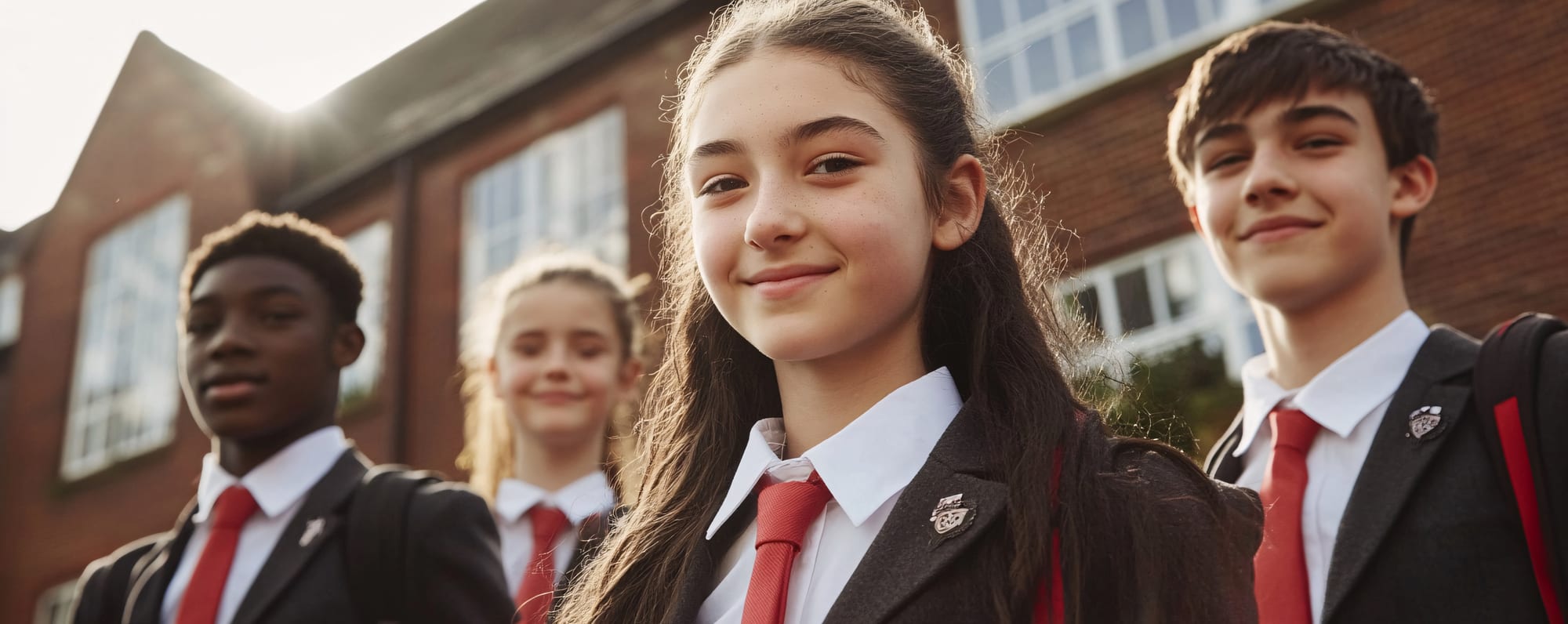 Smiling students outside the school